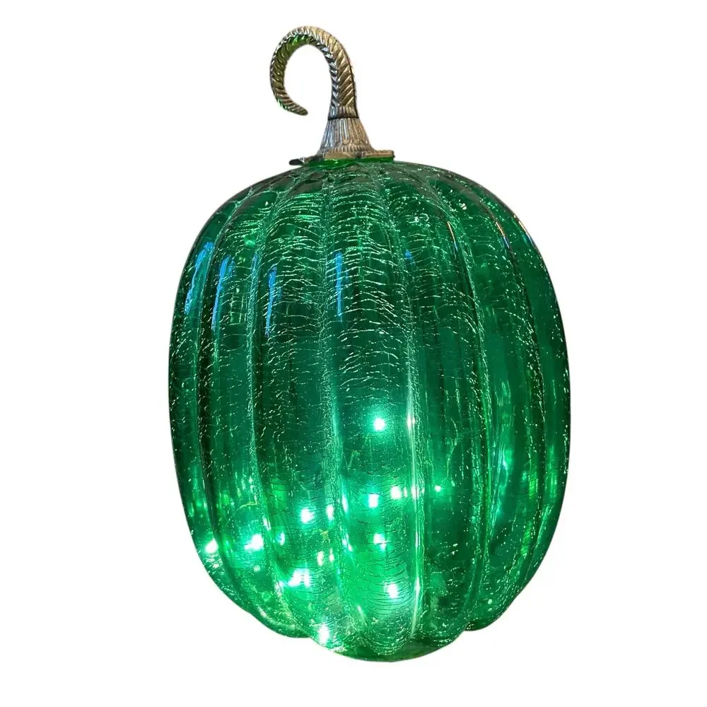Illuminated LED Green Glass Pumpkin Gold Metal Stem 12.5